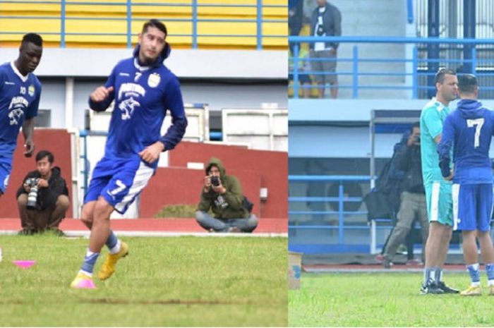 Ezechiel N'Douassel dan Esteban Vizcarra berlatih dan berdiskusi dengan Asisten Pelatih Persib Dejan Miljanic di Stadion Sport Jabar Arcamanik, Kota Bandung, Sabtu (19/1/2019) pagi WIB.