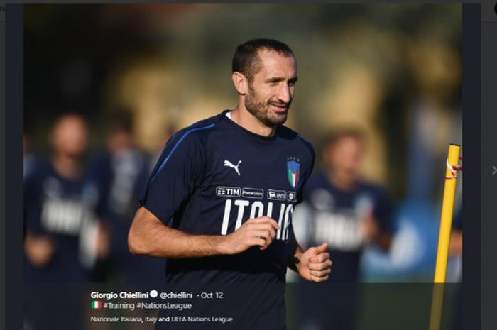 Bek dan kapten timnas Italia, Giorgio Chiellini, sedang berlatih jelang laga persahabatan kontra timnas Ukraina, di Stadion Comunale Luigi Ferraris, Genova, 11 Oktober 2018. 