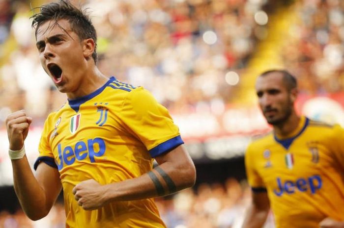 Ekspresi penyerang Juventus, Paulo Dybala, selepas menjebol gawang Genoa dalam laga Serie A di Luigi Ferraris, 26 Agustus 2017.