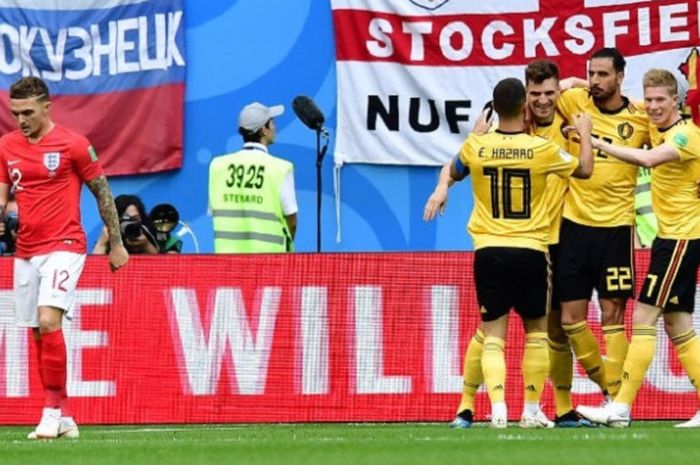 Para pemain Belgia merayakan gol Thomas Meunier ke gawang Inggris pada pertandingan perebutan posisi ketiga Piala Dunia 2018 di St. Petersburg, 14 Juli 2018. 