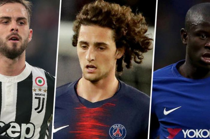 Kolase foto Miralem Pjanic (Juventus), Adrien Rabiot (PSG), dan N'Golo Kante (Chelsea).