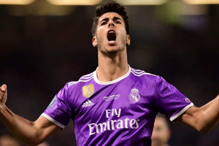 Aksi selebrasi gol pemain Real Madrid, Marco Asensio, dalam partai final Liga Champions kontra Juventus di Cardiff, Wales, 3 Juni 2017.