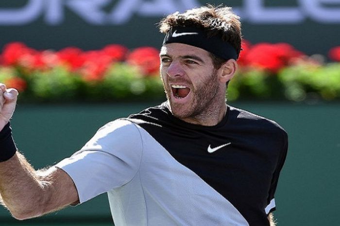 Reaksi Juan Martin del Potro (Argentina) saat menjalani laga final Indian Wells Masters 2018 kontra Roger Federer yang digelar Minggu (18/3/2018) waktu Amerika Serikat.