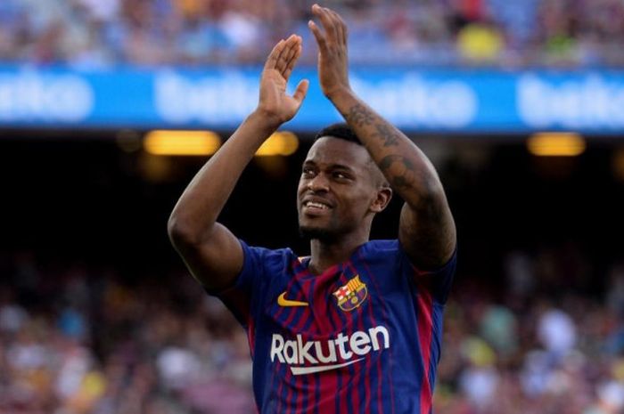 Reaksi bek sayap Barcelona, Nelson Semedo, dalam partai pramusim melawan Chapecoense di Stadion Camp Nou, Barcelona, 7 Agustus 2017. 