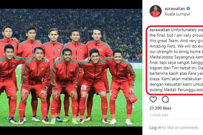 Ucapan Ezra Walian di akun instagram pribadinya.