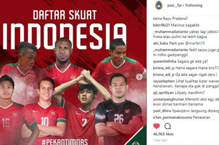 Unggahan PSSI terkait 33 pemain yang dipanggil timnas Indonesia