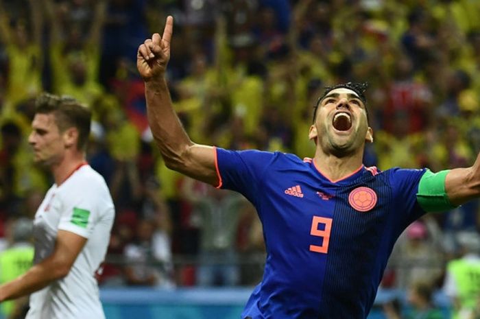 Penyerang Kolombia, Radamel Falcao, merayakan gol yang dicetak ke gawang Polandia dalam laga Grup H Piala Dunia 2018 di Kazan Arena, Kazan, Rusia pada 24 Juni 2018.