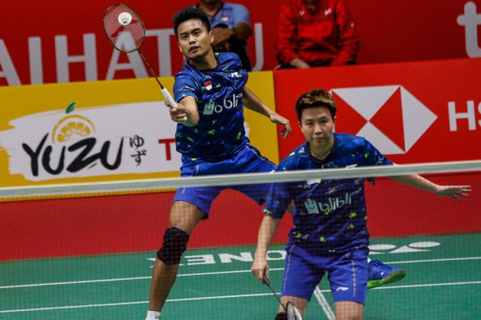 Pasangan ganda campuran Indonesia, Tontowi Ahmad/Liliyana Natsir, tampil pada laga babak pertama Indonesia Masters 2018, di Istora Senayan, Selasa (23/1/2018).