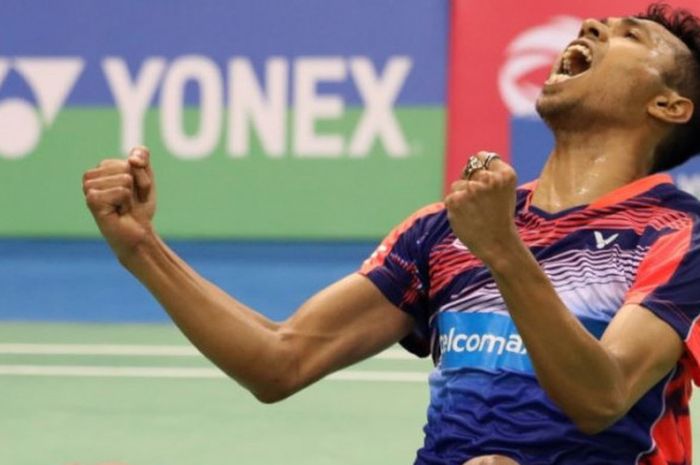 Eskpresi pemain tunggal putra Malaysia, Iskandar Zulkarnain, usai mengalahkan Kidambi Srikanth dengan skor 21-19, 21-17, pada babak kedua India Open 2018, Kamis (1/2/2018). 