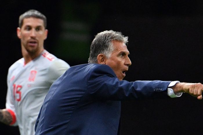 Ekspresi pelatih Iran, Carlos Queiroz, dalam laga Grup B Piala Dunia 2018 kontra Spanyol di Kazan Arena, Kazan, Rusia pada 20 Juni 2018.