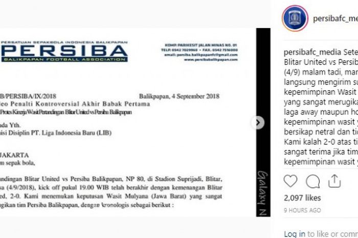 Persiba Balikpapan Bersurat ke Komdis PT LIB terkait kepemimpinan wasit saat laga kontra Blitar United pada Selasa (4/9/2018).