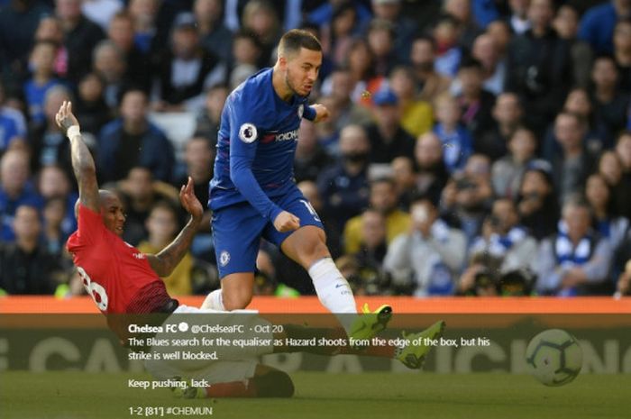 Penyerang Chelsea, Eden Hazard, melakukan aksi dalam laga Liga Inggris kontra Manchester United di Stadion Stamford Bridge, pada 20 Oktober 2018.