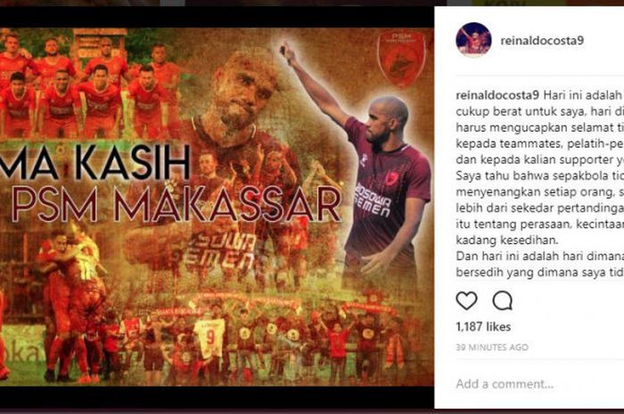 Reinaldo ucapkan selamat tinggal ke PSM lewat instagram 