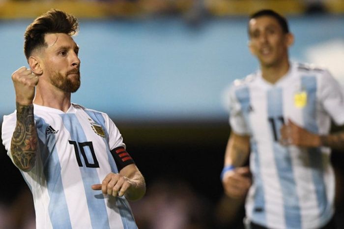 Megabintang Argentina, Lionel Messi, merayakan golnya ke gawang Haiti dalam laga persahabatan di Stadion La Bombonera, Buenos Aires, Argentina pada 29 Mei 2018.