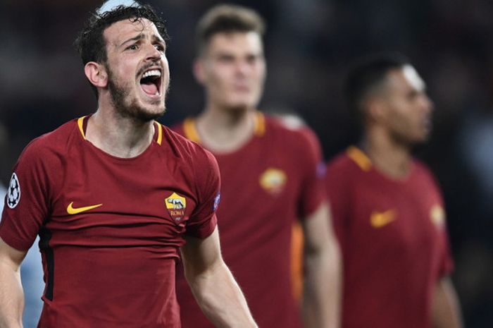 Ekspresi gelandang AS Roma, Alessandro Florenzi, saat merayakan keberhasilan timnya menyingkirkan Barcelona di perempat final Liga Champions 2017-2018 di Stadio Olimpico, Roma, Italia,  pada 10 April 2018.