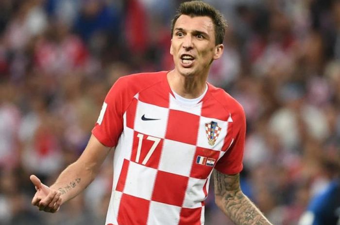  Ekspresi striker Kroasia, Mario Mandzukic, dalam laga final Piala Dunia 2018 versus Prancis di Stadion Luzhniki, Moskow, 15 Juli 2018.  