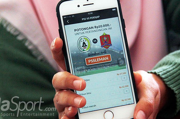 Tampilan penjualan tiket pertandingan Liga 2 antara PSS Sleman melawan Persijap Jepara secara daring menggunakan aplikasi Go-Tix.