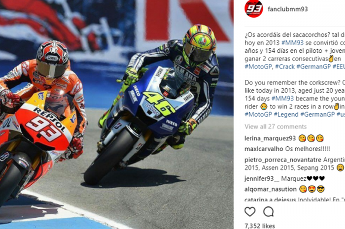 Marc Marquez dan Valentino Rossi di tikungan Corkscrew Sirkuit Laguna Seca