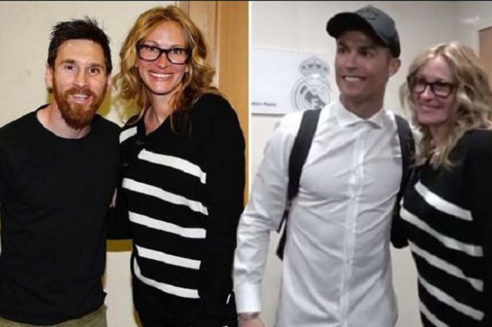 Julia Roberts berpose bersama Lionel Messi dan Cristiano Ronaldo di Santiago Bernabeu pada 24 April 2017