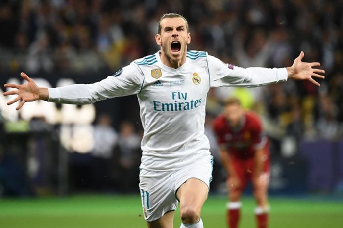 Penyerang Real Madrid, Gareth Bale, merayakan gol yang dicetak ke gawang Liverpool FC dalam laga final Liga Champions di Stadion NSC Olimpiyskiy, Kiev, Ukraina pada 26 Mei 2018.