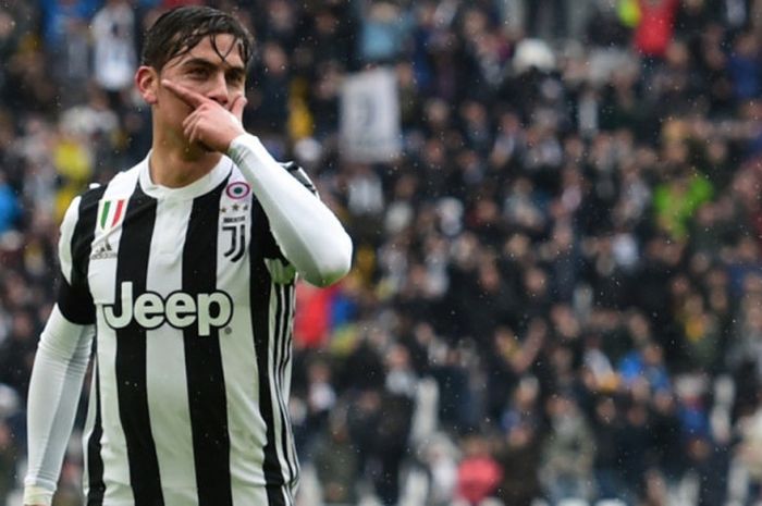     Selebrasi Paulo Dybala seusai mencetak gol Juventus ke gawang Udinese dalam partai Liga Italia di Allianz Stadium Turin, 11 Maret 2018.    