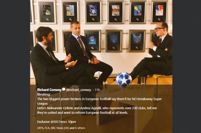 Presiden UEFA Aleksander Ceferin (tengah) bersama Presiden Juventus dan Chairman ECA, Andrea Agnelli