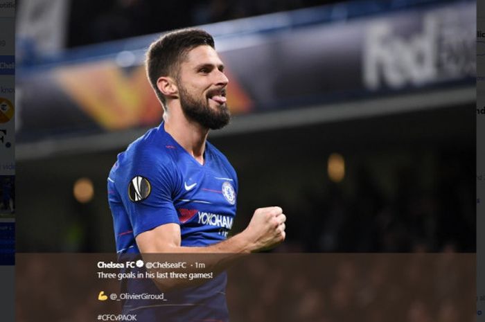 Penyerang Chelsea, Olivier Giroud, merayakan gol dalam laga Grup L Liga Europa kontra PAOK FC di Stadion Stamford Bridge, London, pada 29 November 2019. 