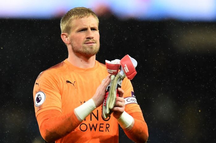 Kiper Leicester City, Kasper Schmeichel, dalam laga melawan Manchester City di Etihad Stadium, 10 Februari 2018.