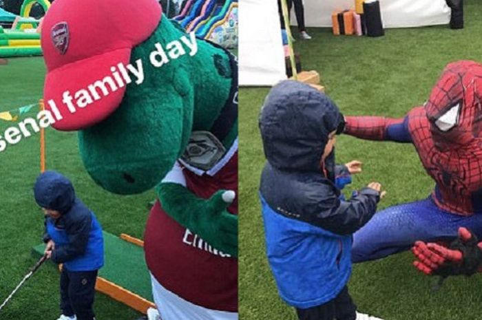 Finley Walcott bermain bersama dengan maskot Arsenal Gunnersaurus dan superhero Spiderman