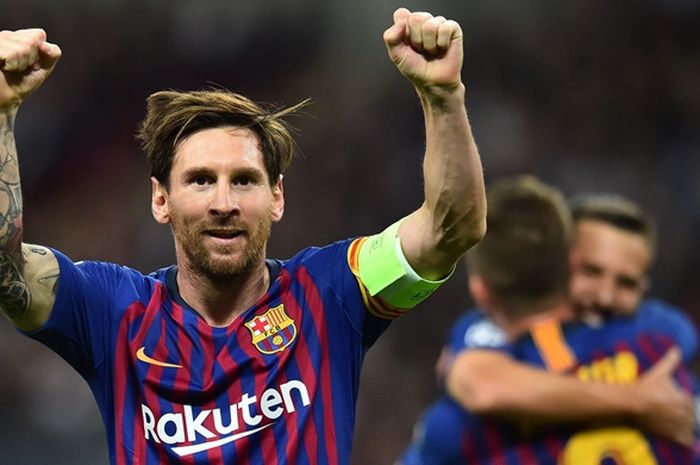 Megabintang FC Barcelona, Lionel Messi, merayakan gol yang dicetak ke gawang Tottenham Hotspur dalam laga Grup B Liga Champions di Stadion Wembley, London, Inggris pada 3 Oktober 2018.