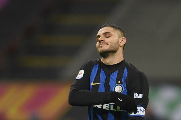 Kapten Inter Milan, Mauro Icardi, berekspresi dalam laga pekan ke-20 Liga Italia melawan Sassuolo, S