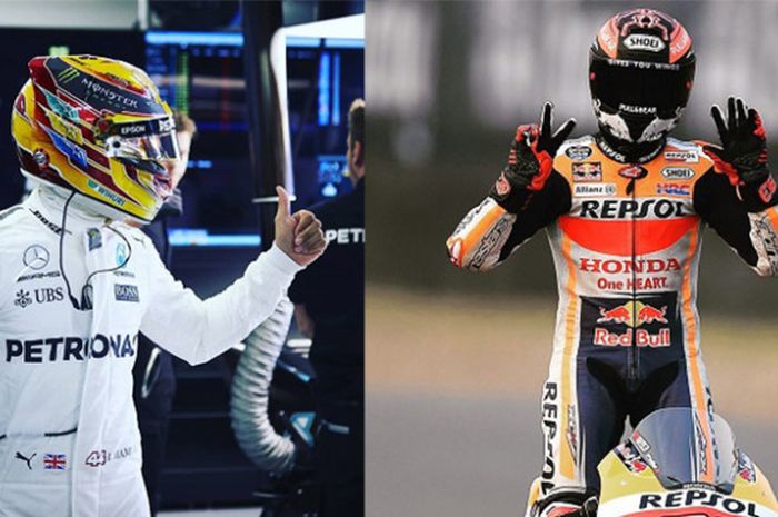 Juara dunia F1 2017, Lewis Hamilton (kiri) dan juara dunia MotoGP 2017, Marc Marquez (kanan).