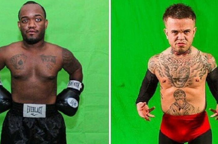 Mini Mayweather (kiri) dan Mini McGregor (kanan) saat sesi foto pertandingan mereka, Sabtu (29/7/2017).