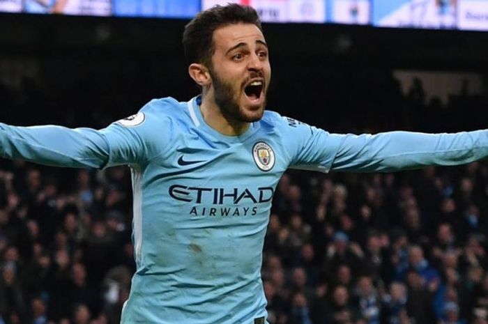 Aksi selebrasi gol Bernardo Silva untuk Manchester City ke gawang Chelsea dalam partai Liga Inggris di Stadion Etihad Manchester, 4 Maret 2018.