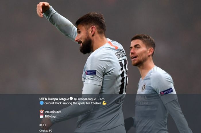 Penyerang Chelsea Olivier Giroud (kiri) bersama Jorginho, merayakan gol dalam laga Grup L Liga Europa kontra BATE Borisov, di Borisov Arena pada Kamis (8/11/2018) waktu setempat atau Jumat dini hari WIB.