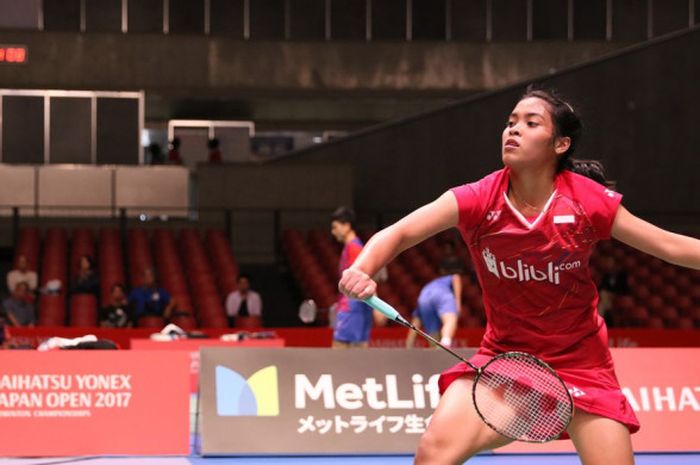 Pebulu tangkis tunggal putri Indonesia, Gregoria Mariska Tunjung, saat menjalani pertandingan melawan Pai Yu Po (Taiwan) pada laga kesatu babak kualifikasi turnamen Jepang Terbuka di Tokyo Metropolitan Gymnasium, Selasa (19/9/2017).