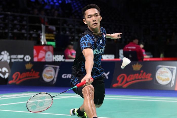 Pebulu tangkis tunggal putra Indonesia, Jonatan Christie, tampil pada babak pertama Denmark Open 2018 yang berlangsung di Odense Sports Park, Rabu (17/10/2018).