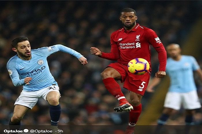 Gelandang Manchester City, Bernardo Silva, berduel dengan pemain Liverpool, Georginio Wijnaldum, dal