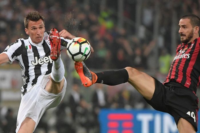 Penyerang Juventus, Mario Mandzukic (kiri), berebut bola dengan bek AC Milan, Leonardo Bonucci, dalam laga final Coppa Italia di Stadion Olimpico, Roma pada 9 Mei 2018.