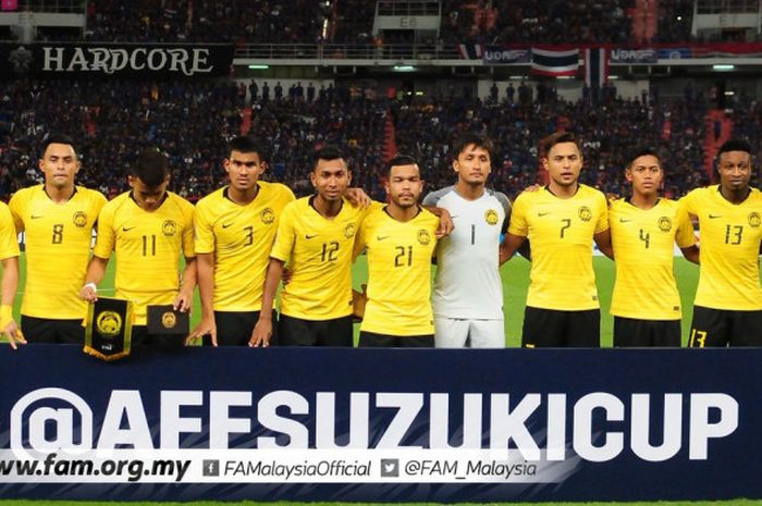  Pemain timnas Malaysia sebelum laga melawan Thailand babak semifinal Piala AFF 2018, Rabu (5/12/2018). 