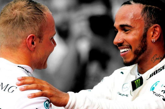 Valtteri Bottas (kiri) dan Lewis Hamilton (kanan) merayakan keberhasilan mereka meraih dobel podium bagi Mercedes pada balapan GP Jerman di Sirkuit Hockenheim, Minggu (22/7/2018).