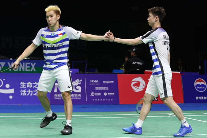 Marcus Gideon/Kevin Sanjaya saat tampil pada babak 16 besar Kejuaraan Dunia Bulu Tangkis 2018 yang digelar di Nanjing, China, pada Kamis (2/8/2018).