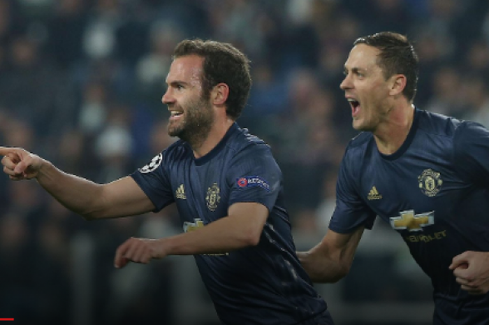 Juan Mata merayakan gol Manchester United ke gawang Juventus pada pertandingan Liga Champions di Turin, 7 November 2018. 