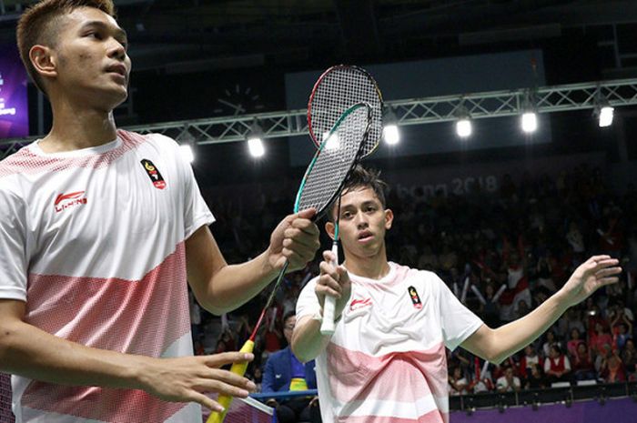 Pasangan ganda putra, Fajar Alfian/Muhammad RIan Ardianto saat menghadapi Kim Won Ho/Seo Seung Jae pada babak 16 besar Asian Games 2018 di Istora Senayan, Jakarta, Sabtu (25/8/2018).