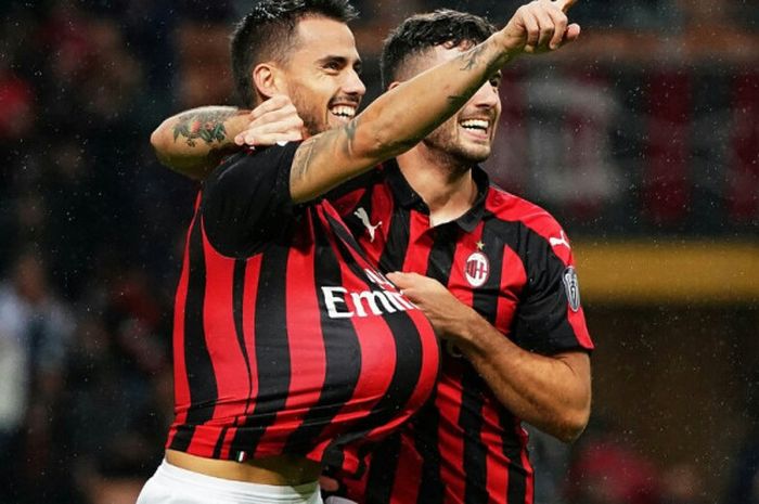 Penyerang sayap AC Milan, Suso, merayakan gol yang dicetaknya dalam laga Liga Italia menghadapi Genoa di Stadion San Siro, 31 Oktober 2018.