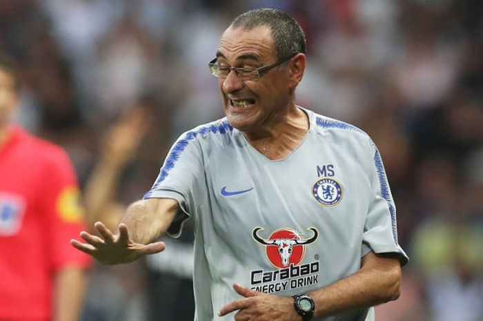 Ekspresi pelatih Chelsea, Maurizio Sarri, dalam laga International Champions Cup kontra Inter Milan di Stadion Allianz Riviera, Nice, Prancis pada 28 Juli 2018.