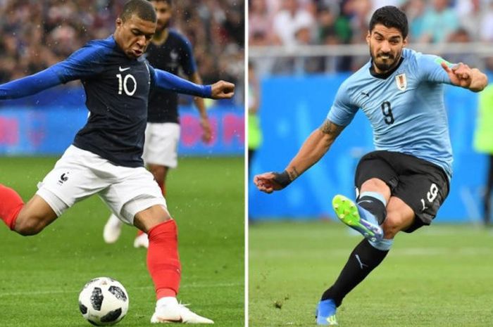 Kylian Mbappe (kiri) dan Luis Suarez akan beradu ketajaman dalam partai babak 8 besar Piala Dunia 2018 antara timnas Uruguay kontra Prancis di Stadion Nizhny Novgorod, 6 Juli 2018.