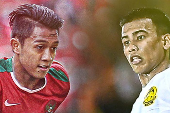 Gelandang Timnas U-22, Febri Hariyadi, dengan pemain Malaysia, Safawi Rasyid Bagus