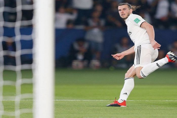 Ekspresi penyerang Real Madrid, Gareth Bale, setelah mencetak gol, dalam laga semifinal Piala Dunia Antarklub 2018.