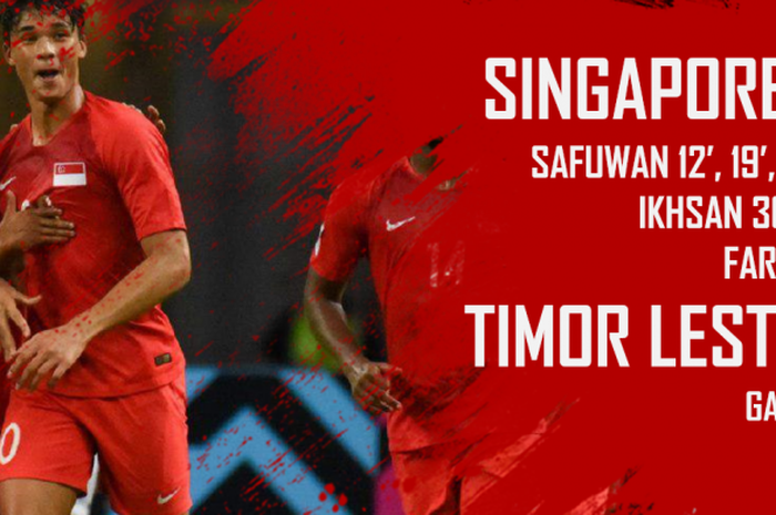 Grafis kemenangan Singapura dengan skpr 6-1 atas Timor Leste dalam lanjutan laga grup B Piala AFF 2018 yang dihelat di National Stadium, Singapura, Rabu (21/11/2018).